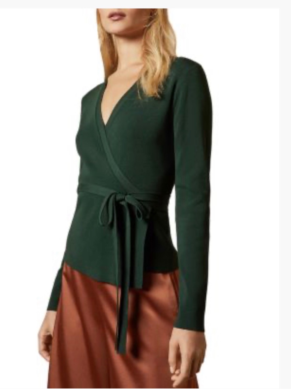 Women's Forest Green Wrap Sweater with Self Tie